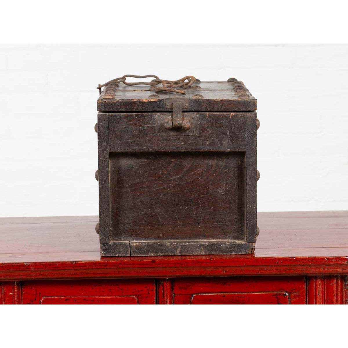 Rustic Antique Chinese Wooden Cash Box with Removable Top, Studs and Chain-10. Asian &amp; Chinese Furniture, Art, Antiques, Vintage Home Décor for sale at FEA Home