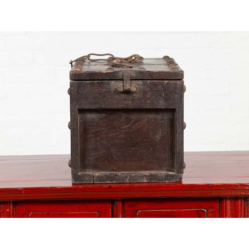 Rustic Antique Chinese Wooden Cash Box with Removable Top, Studs and Chain-YN6488-10. Asian & Chinese Furniture, Art, Antiques, Vintage Home Décor for sale at FEA Home