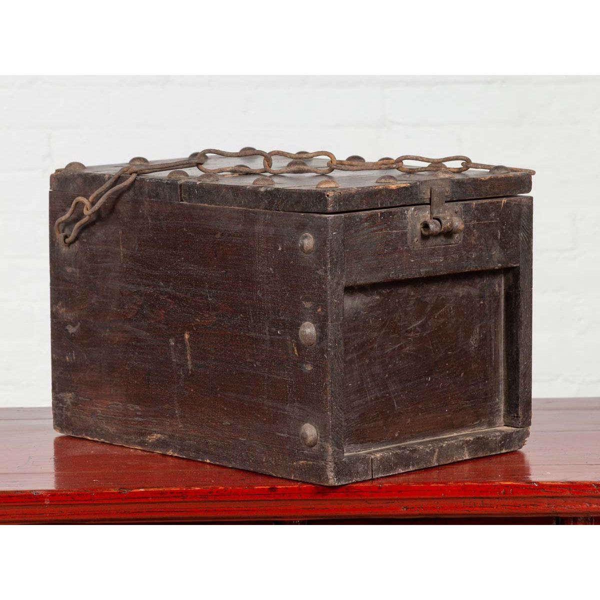 Rustic Antique Chinese Wooden Cash Box with Removable Top, Studs and Chain-2. Asian & Chinese Furniture, Art, Antiques, Vintage Home Décor for sale at FEA Home