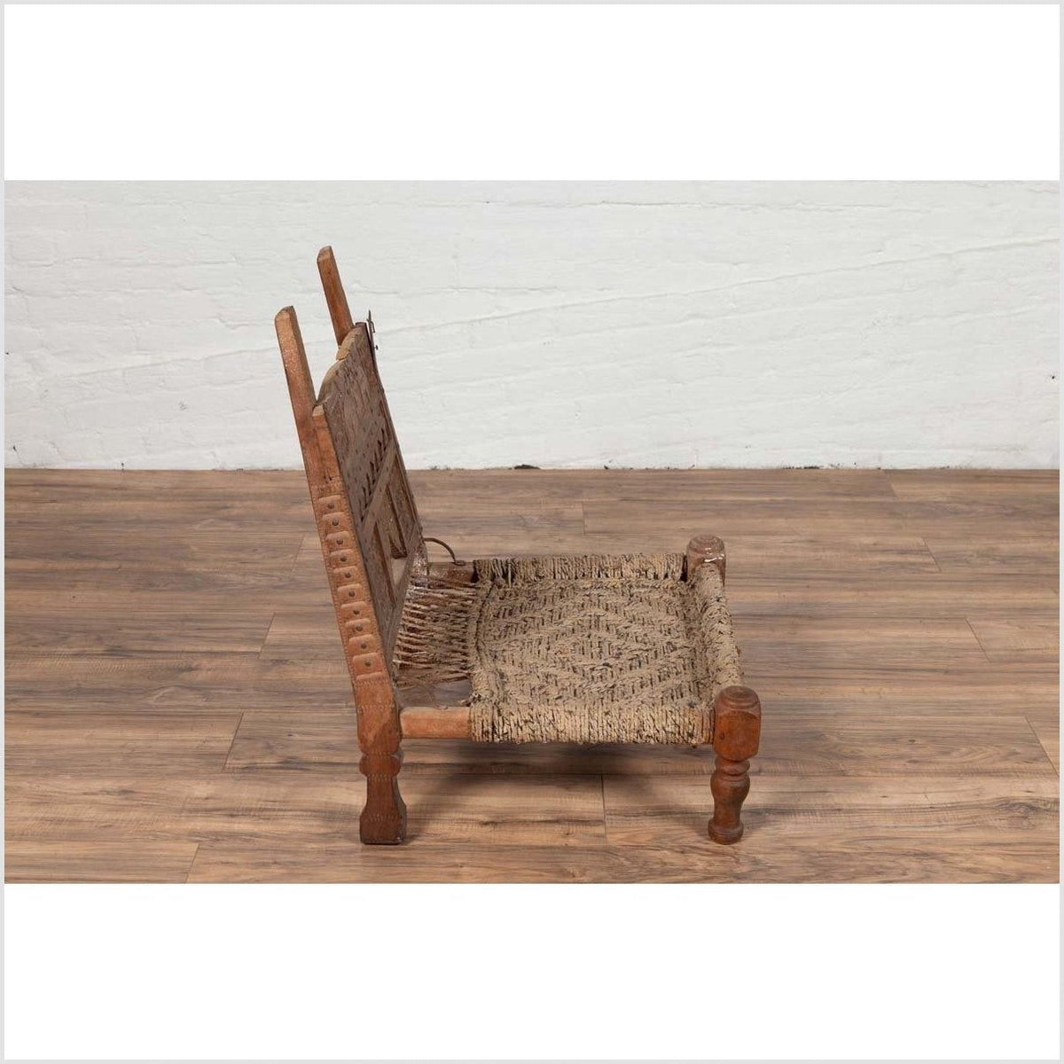Rustic Indian Low Wooden Chair with Rope Seat and Weathered Appearance-11. Asian &amp; Chinese Furniture, Art, Antiques, Vintage Home Décor for sale at FEA Home