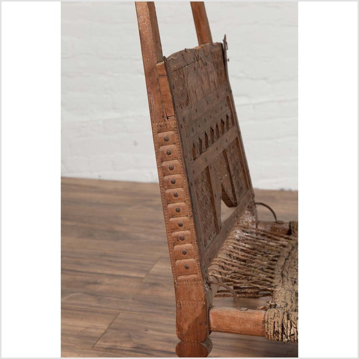 Rustic Indian Low Wooden Chair with Rope Seat and Weathered Appearance-12. Asian &amp; Chinese Furniture, Art, Antiques, Vintage Home Décor for sale at FEA Home