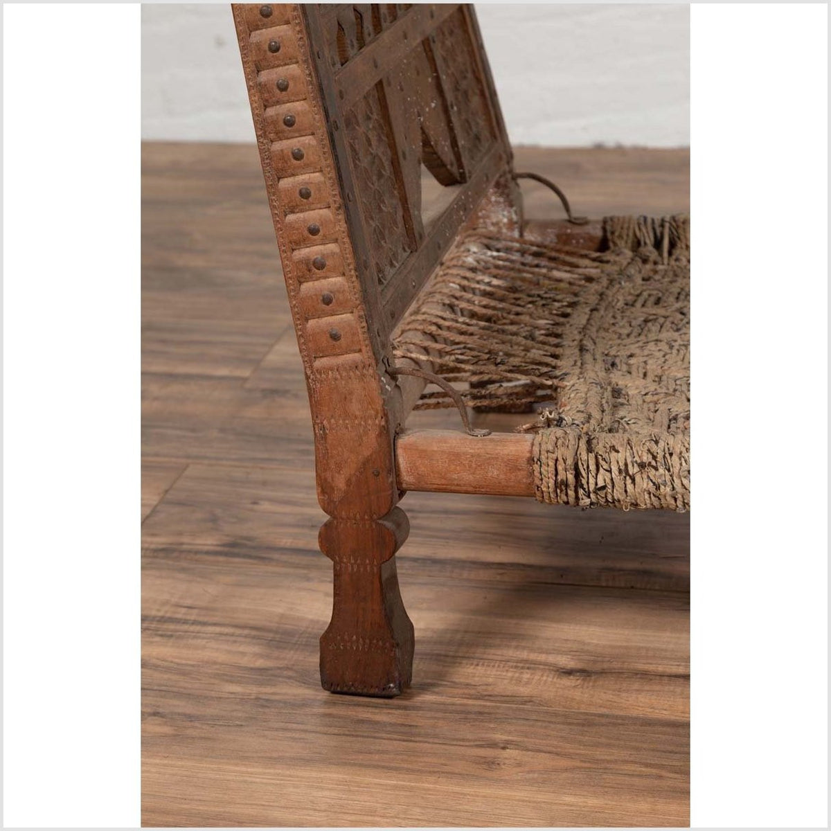 Rustic Indian Low Wooden Chair with Rope Seat and Weathered Appearance-14. Asian &amp; Chinese Furniture, Art, Antiques, Vintage Home Décor for sale at FEA Home