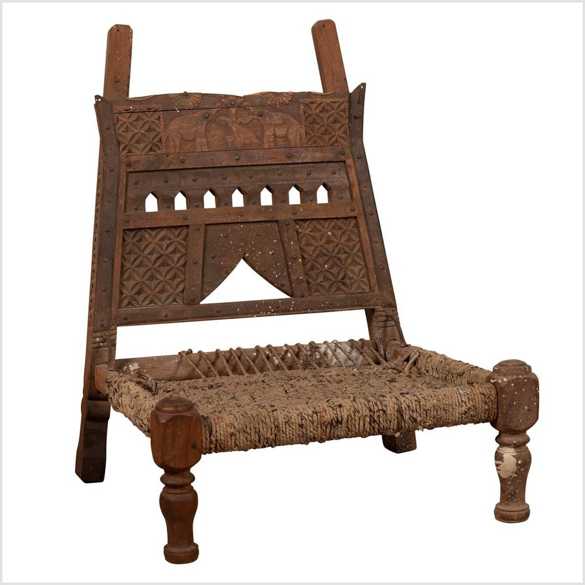 Rustic Indian Low Wooden Chair with Rope Seat and Weathered Appearance-1. Asian & Chinese Furniture, Art, Antiques, Vintage Home Décor for sale at FEA Home