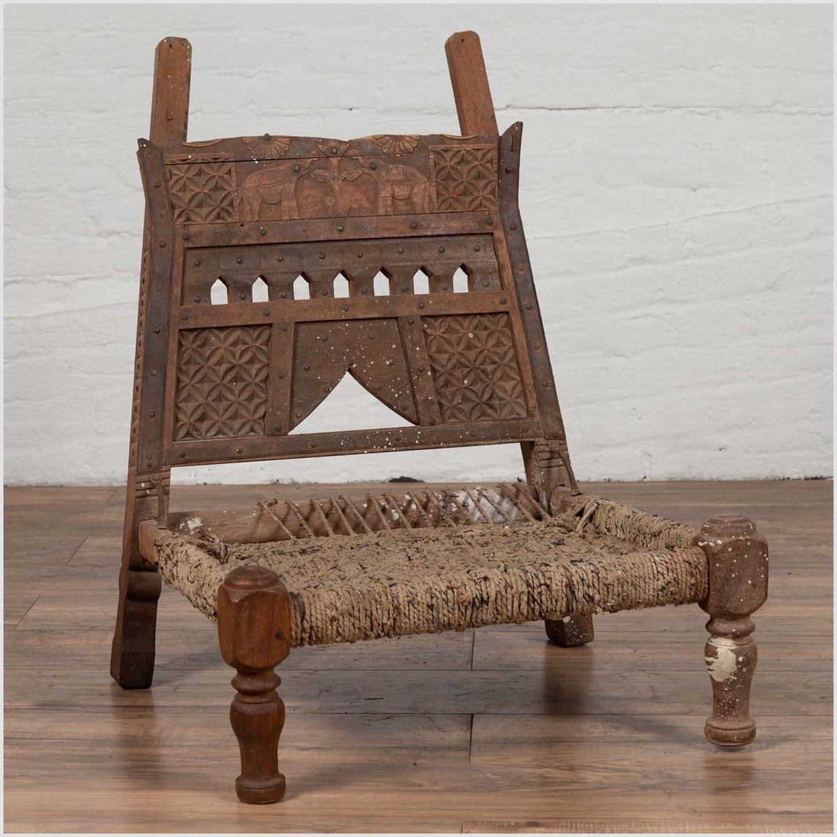 Rustic Indian Low Wooden Chair with Rope Seat and Weathered Appearance-2. Asian & Chinese Furniture, Art, Antiques, Vintage Home Décor for sale at FEA Home