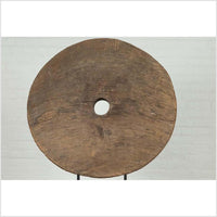 Rustic Ox Cart Wooden Wheel from Thailand, Mounted on Black Painted Base