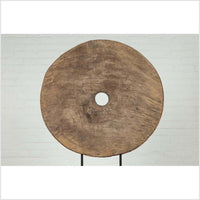 Rustic Ox Cart Wooden Wheel from Thailand, Mounted on Black Painted Base