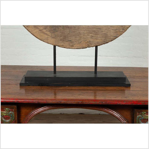 Rustic Ox Cart Wooden Wheel from Thailand, Mounted on Black Painted Base-YN6195-6. Asian & Chinese Furniture, Art, Antiques, Vintage Home Décor for sale at FEA Home