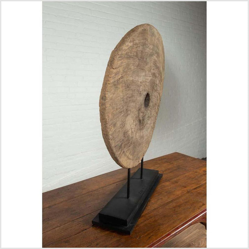 Rustic Ox Cart Wooden Wheel from Thailand, Mounted on Black Painted Base-YN6195-8. Asian & Chinese Furniture, Art, Antiques, Vintage Home Décor for sale at FEA Home