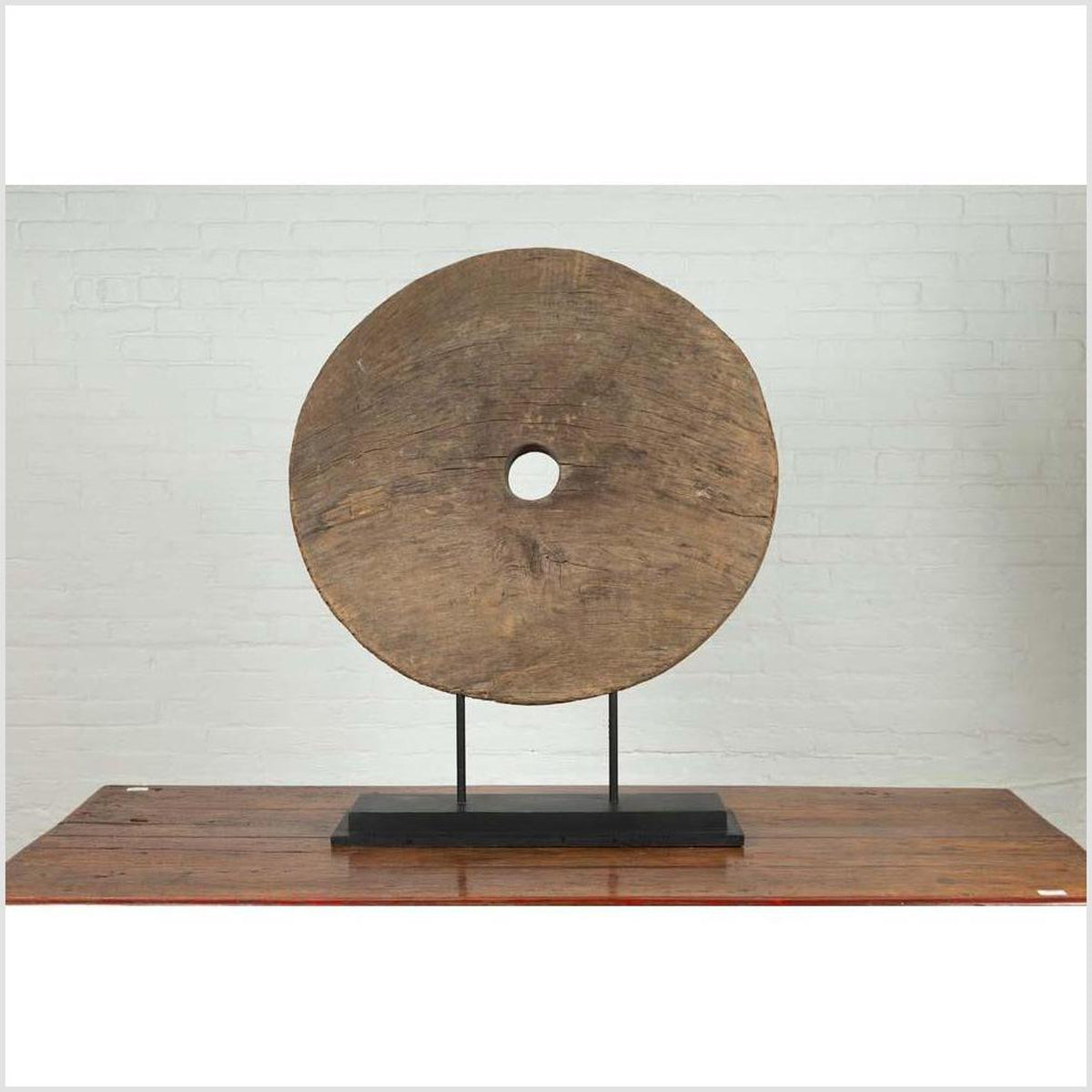 Rustic Ox Cart Wooden Wheel from Thailand, Mounted on Black Painted Base-10. Asian &amp; Chinese Furniture, Art, Antiques, Vintage Home Décor for sale at FEA Home