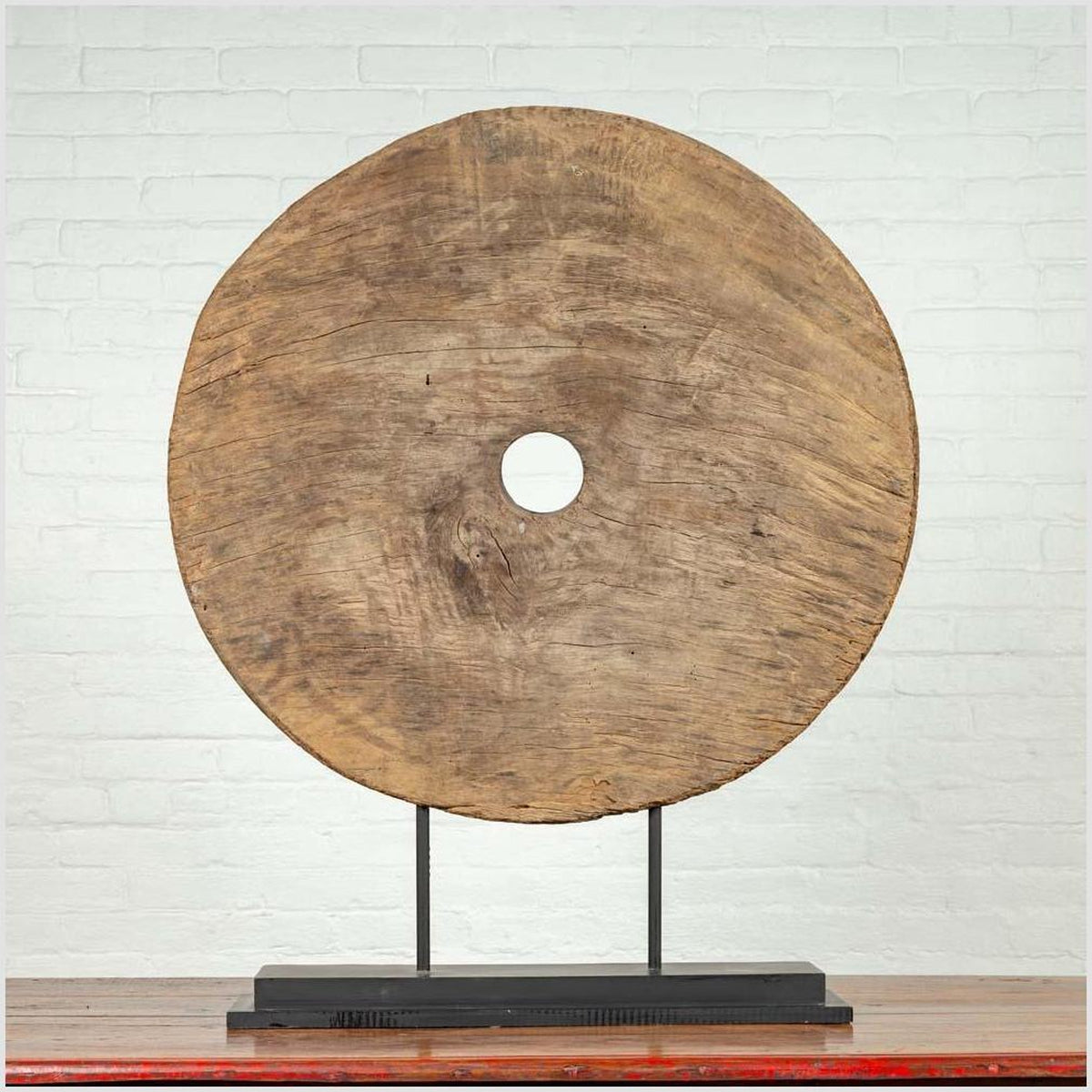 Rustic Ox Cart Wooden Wheel from Thailand, Mounted on Black Painted Base-2. Asian & Chinese Furniture, Art, Antiques, Vintage Home Décor for sale at FEA Home