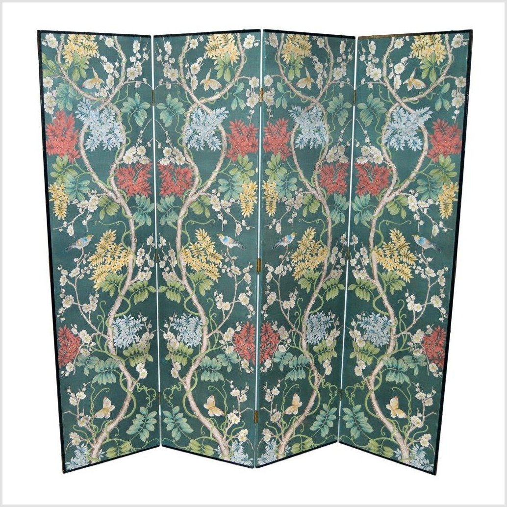 Chinese Vintage Hand-painted Room Divider with Colorful Flowers and Vines-1. Asian & Chinese Furniture, Art, Antiques, Vintage Home Décor for sale at FEA Home