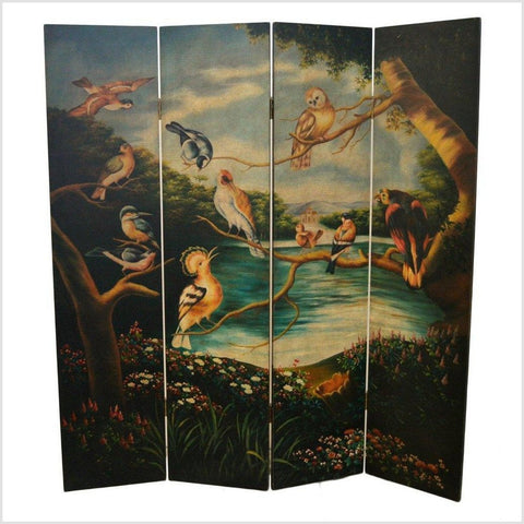 Chinese Vintage Hand-painted 4-Panel Room Divider Painted with Birds & Flowers