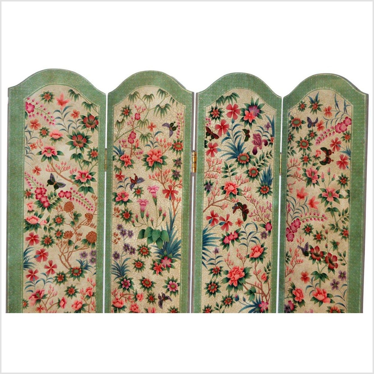 Chinese Vintage Hand-painted 4-Panel Scalloped Style Screen with Flowers and Butterflies-2. Asian & Chinese Furniture, Art, Antiques, Vintage Home Décor for sale at FEA Home