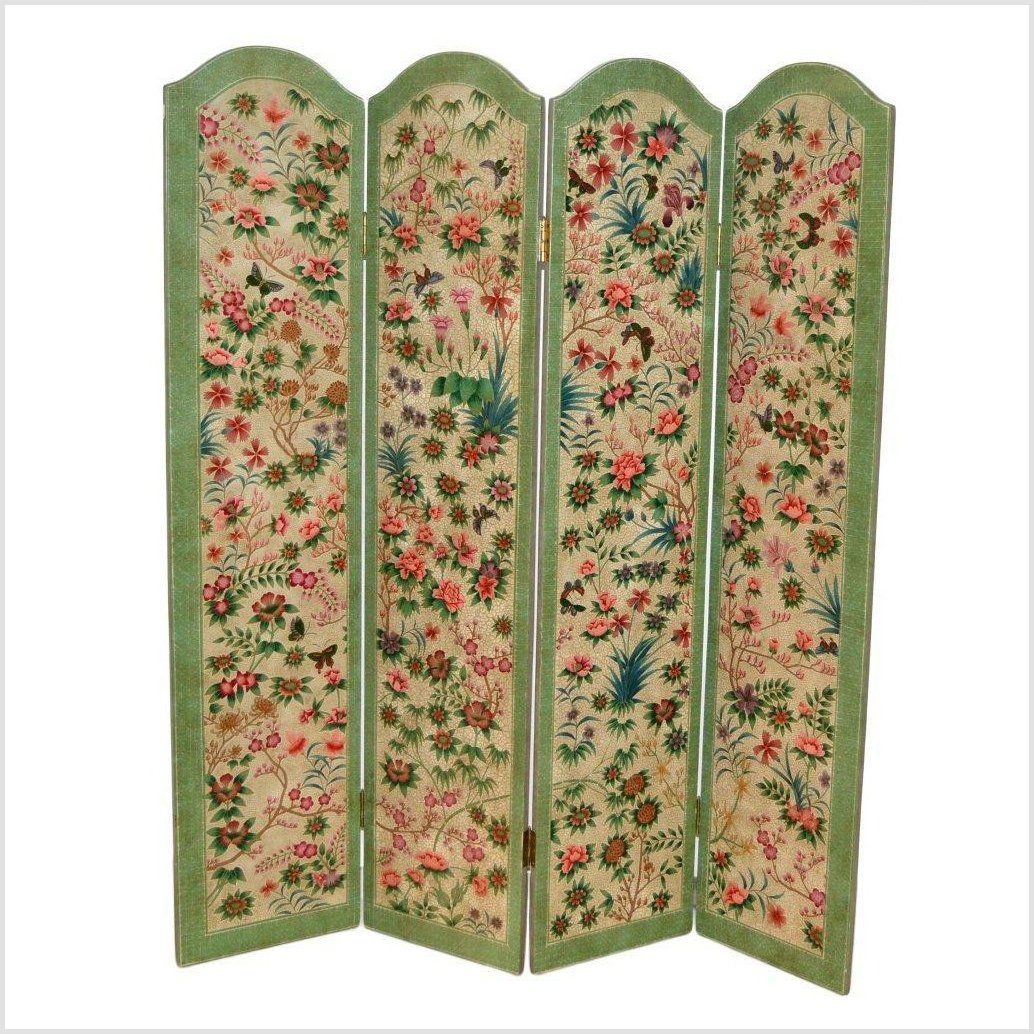 Chinese Vintage Hand-painted 4-Panel Scalloped Style Screen with Flowers and Butterflies-1. Asian & Chinese Furniture, Art, Antiques, Vintage Home Décor for sale at FEA Home