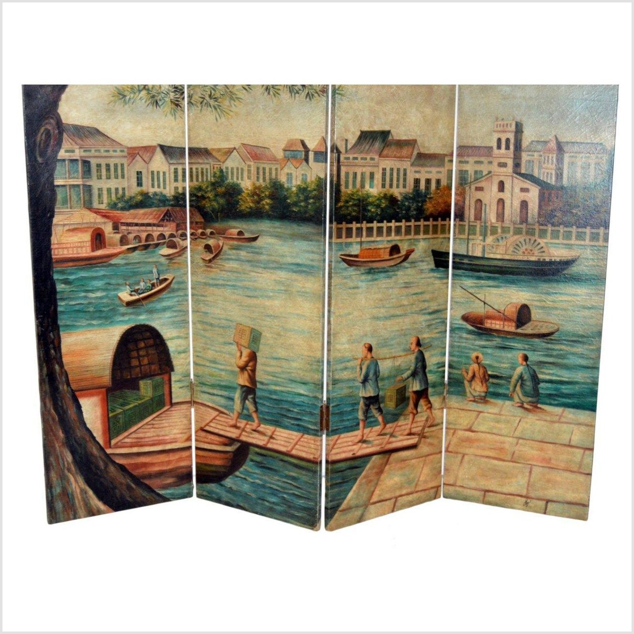 4-Panel Screen with Painting Reminiscent of Venice-5. Asian &amp; Chinese Furniture, Art, Antiques, Vintage Home Décor for sale at FEA Home