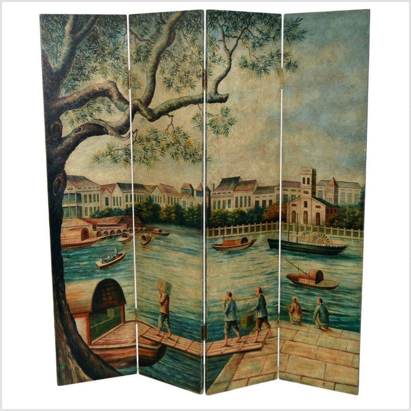 4-Panel Screen with Painting Reminiscent of Venice- Asian Antiques, Vintage Home Decor & Chinese Furniture - FEA Home