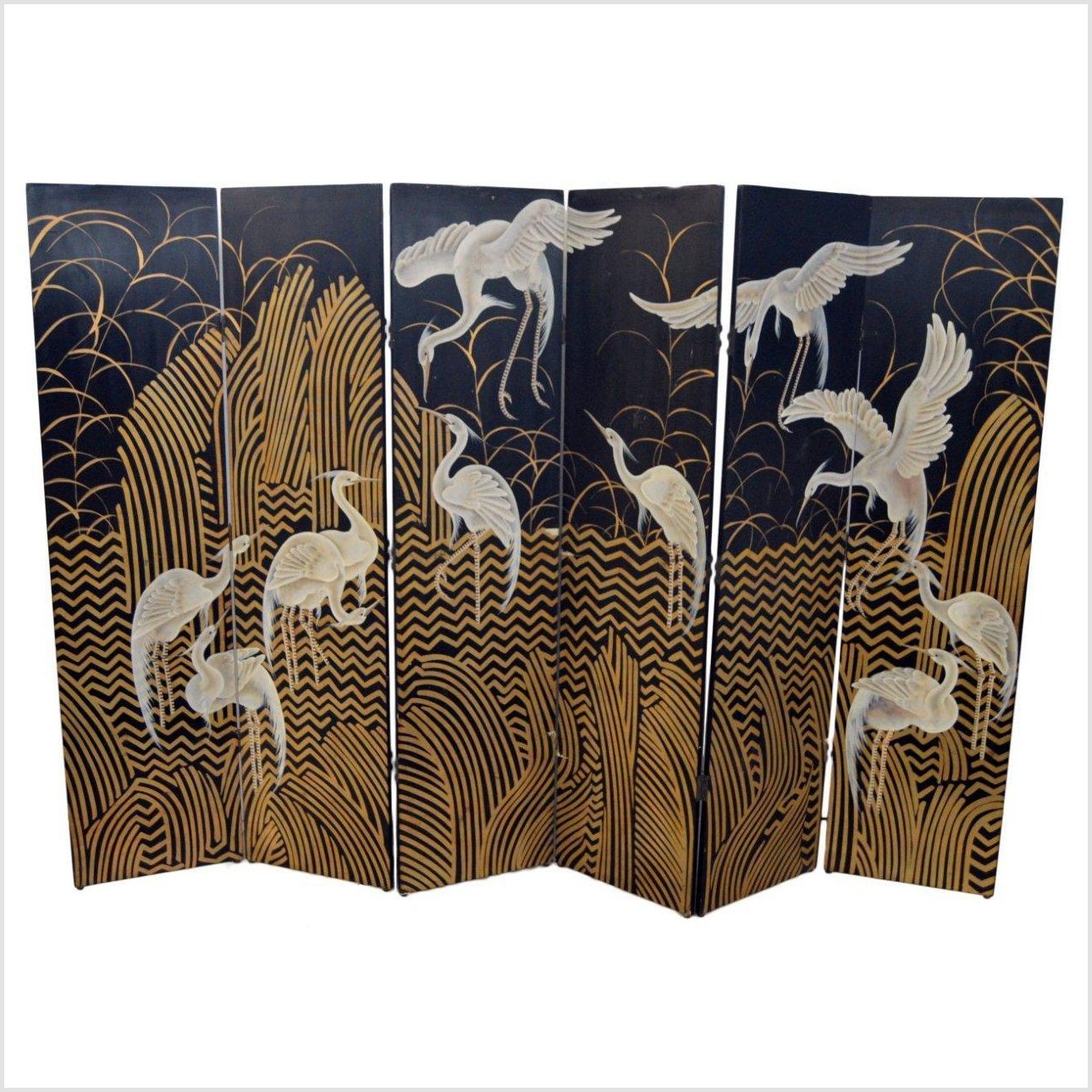 6-Panel Black Lacquer and Gilt Screen with Cranes and Gold Accents-1. Asian & Chinese Furniture, Art, Antiques, Vintage Home Décor for sale at FEA Home