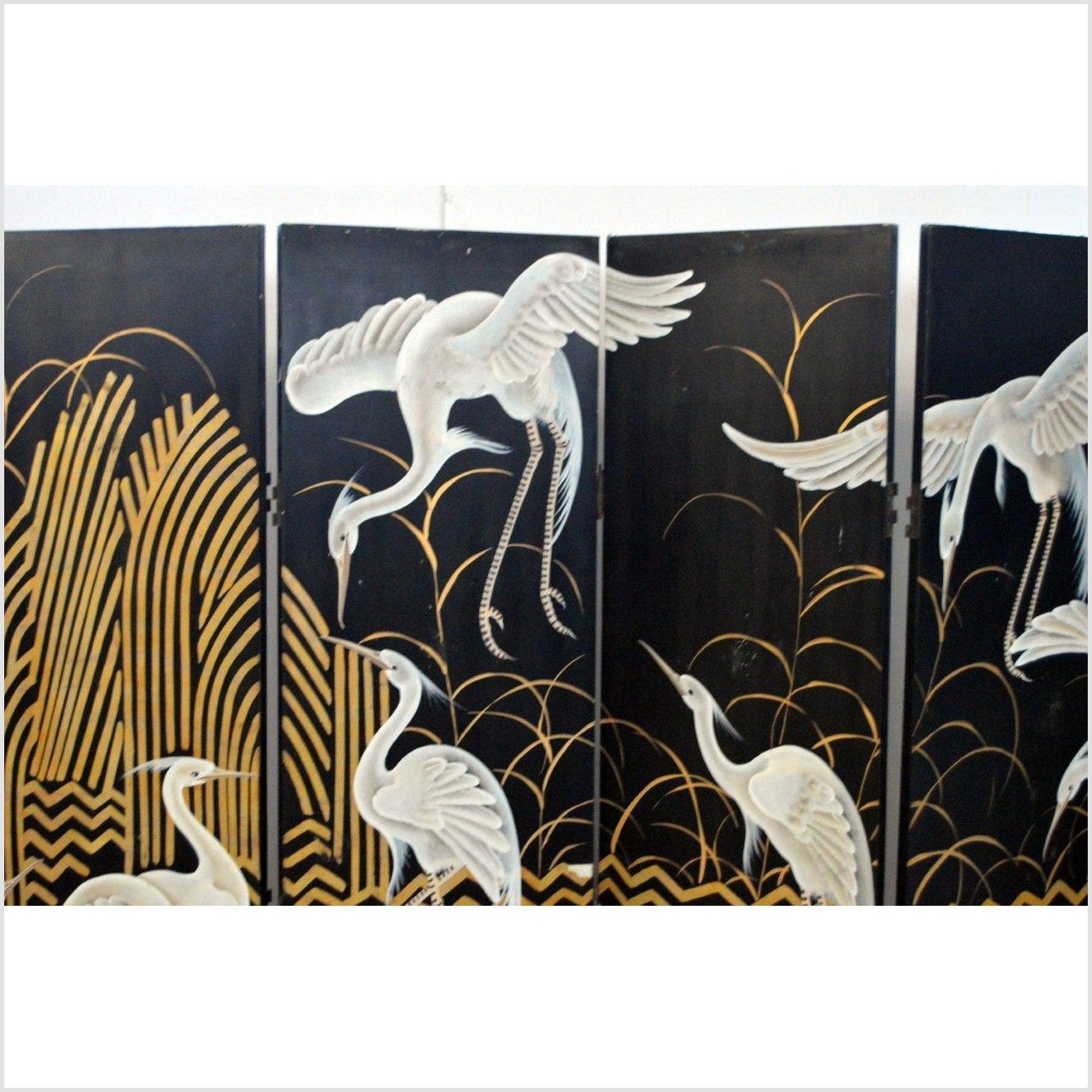 6-Panel Black Lacquer and Gilt Screen with Cranes and Gold Accents-2. Asian & Chinese Furniture, Art, Antiques, Vintage Home Décor for sale at FEA Home