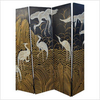 6-Panel Black Lacquer and Gilt Screen with Cranes and Gold Accents