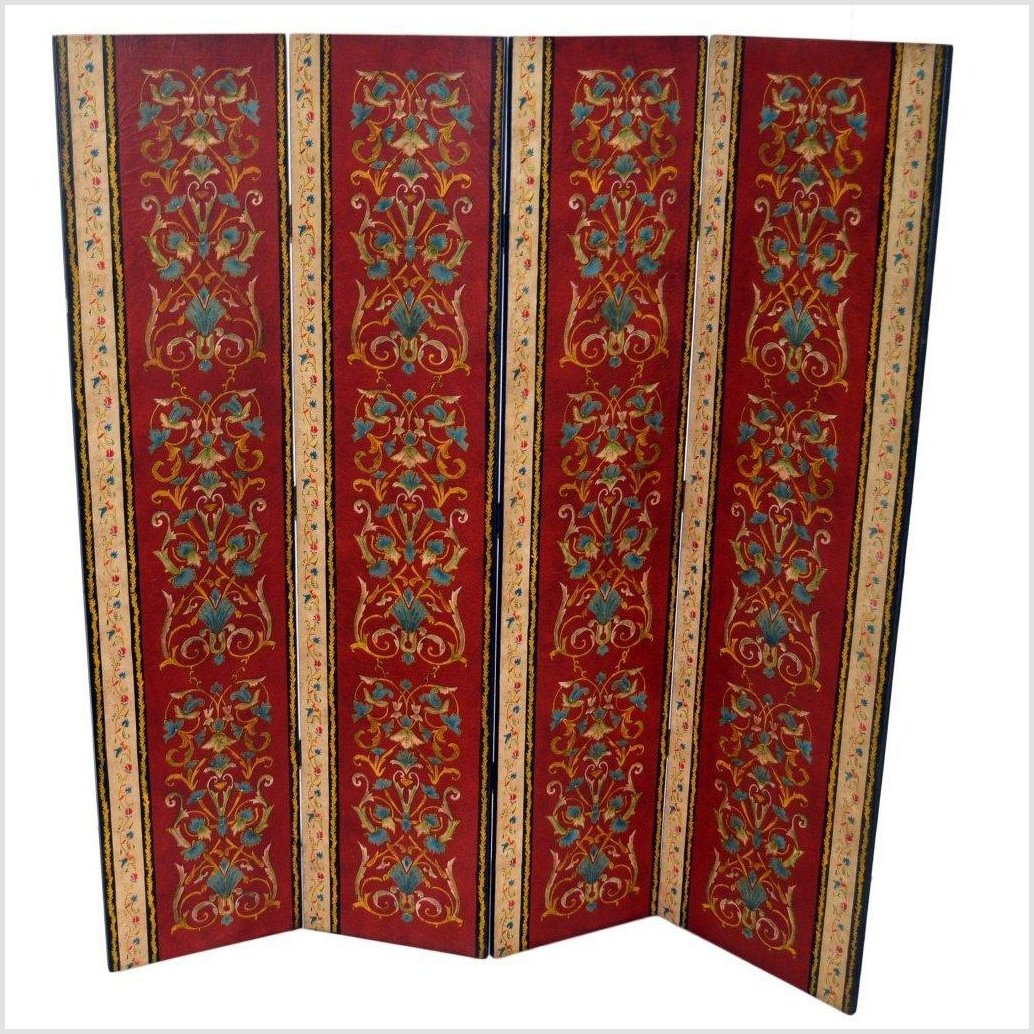 4-Panel Red Screen with Middle-Eastern Inspired Art- Asian Antiques, Vintage Home Decor & Chinese Furniture - FEA Home