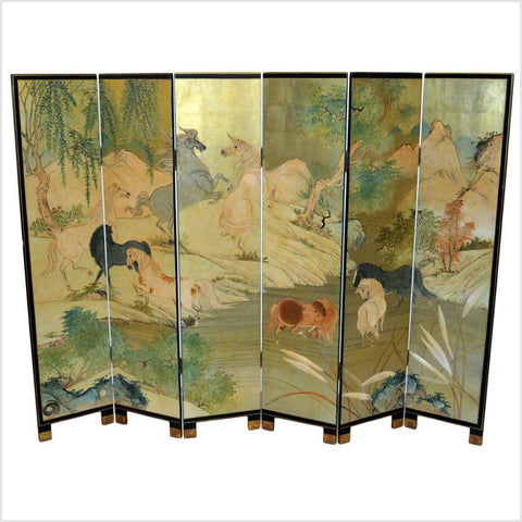 6-Panel Vintage Japanese Gold Screen with Landscape with Mythical Horses- Asian Antiques, Vintage Home Decor & Chinese Furniture - FEA Home