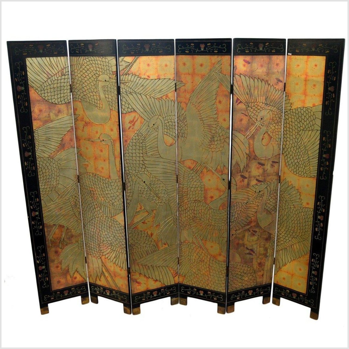 6-Panel Screen Depicting Cranes in Gold, Jade and Black Tones- Asian Antiques, Vintage Home Decor & Chinese Furniture - FEA Home