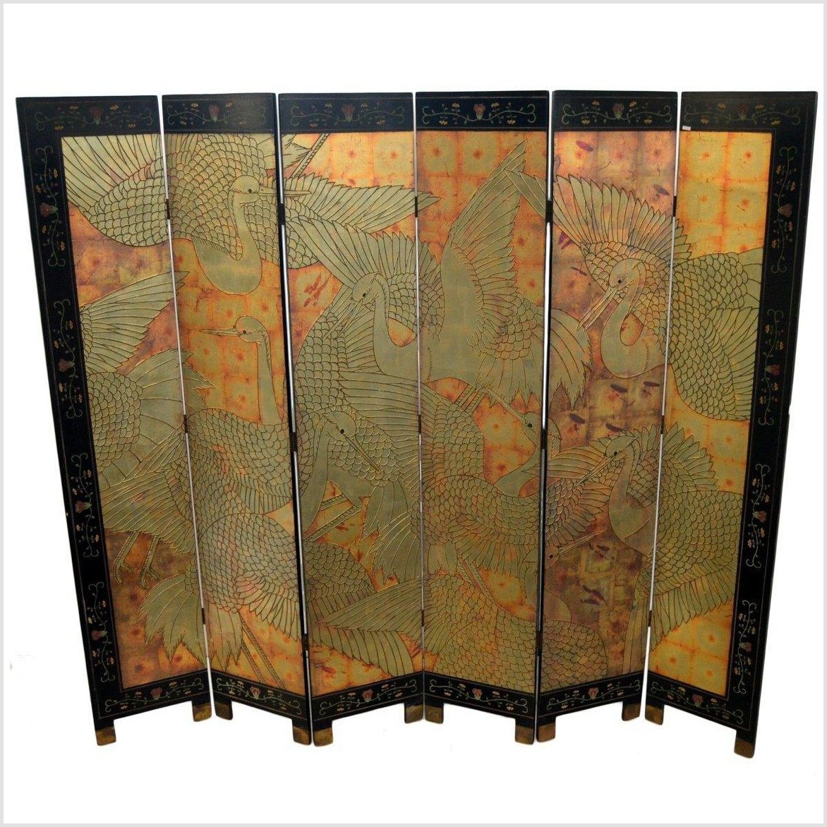 6-Panel Screen Depicting Cranes in Gold, Jade and Black Tones-1. Asian & Chinese Furniture, Art, Antiques, Vintage Home Décor for sale at FEA Home