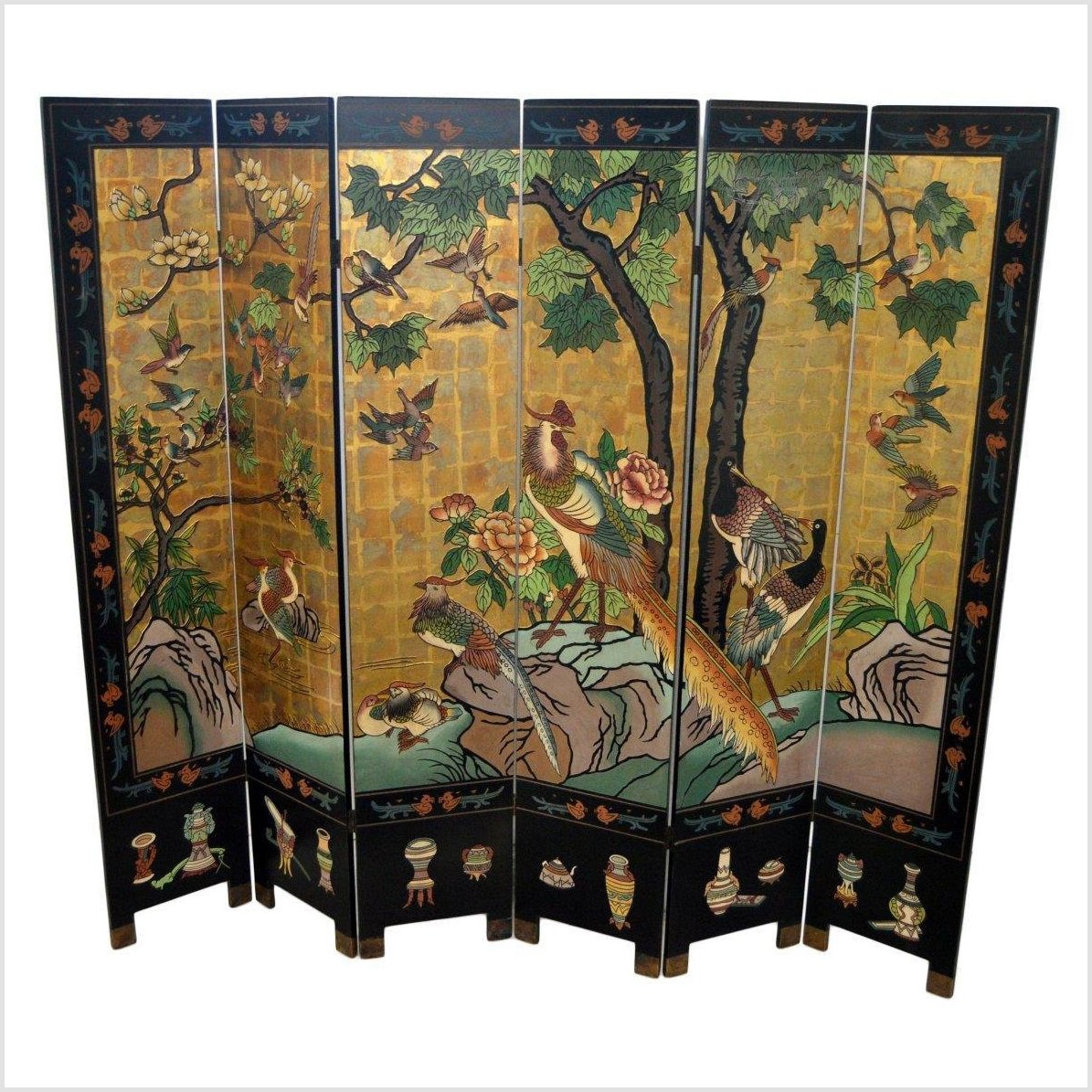 6-Panel Chinese Vintage Screen Depicting Flowers, Birds and Trees-1. Asian & Chinese Furniture, Art, Antiques, Vintage Home Décor for sale at FEA Home