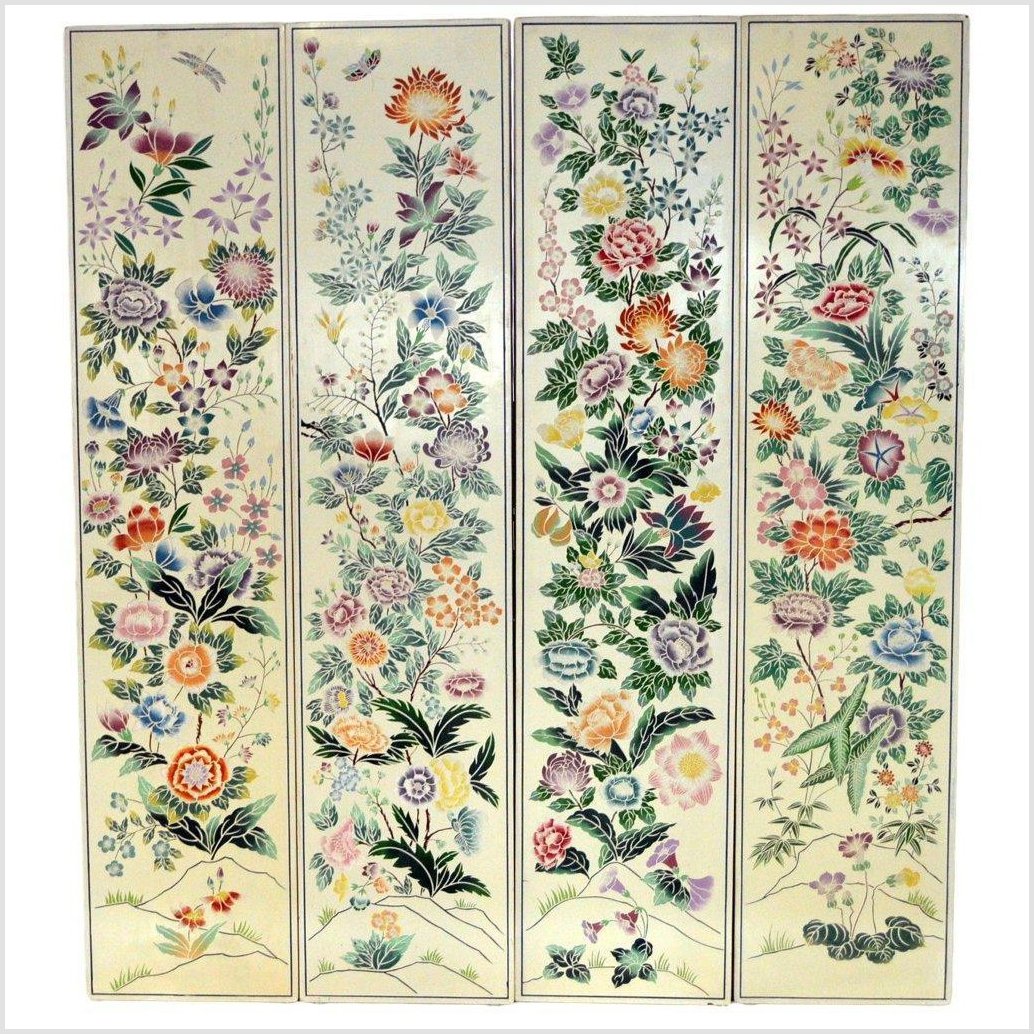 4-Panel Chinese Vintage Screen with Collage of Spring Flowers-1. Asian & Chinese Furniture, Art, Antiques, Vintage Home Décor for sale at FEA Home