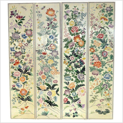 4-Panel Chinese Vintage Screen with Collage of Spring Flowers- Asian Antiques, Vintage Home Decor & Chinese Furniture - FEA Home
