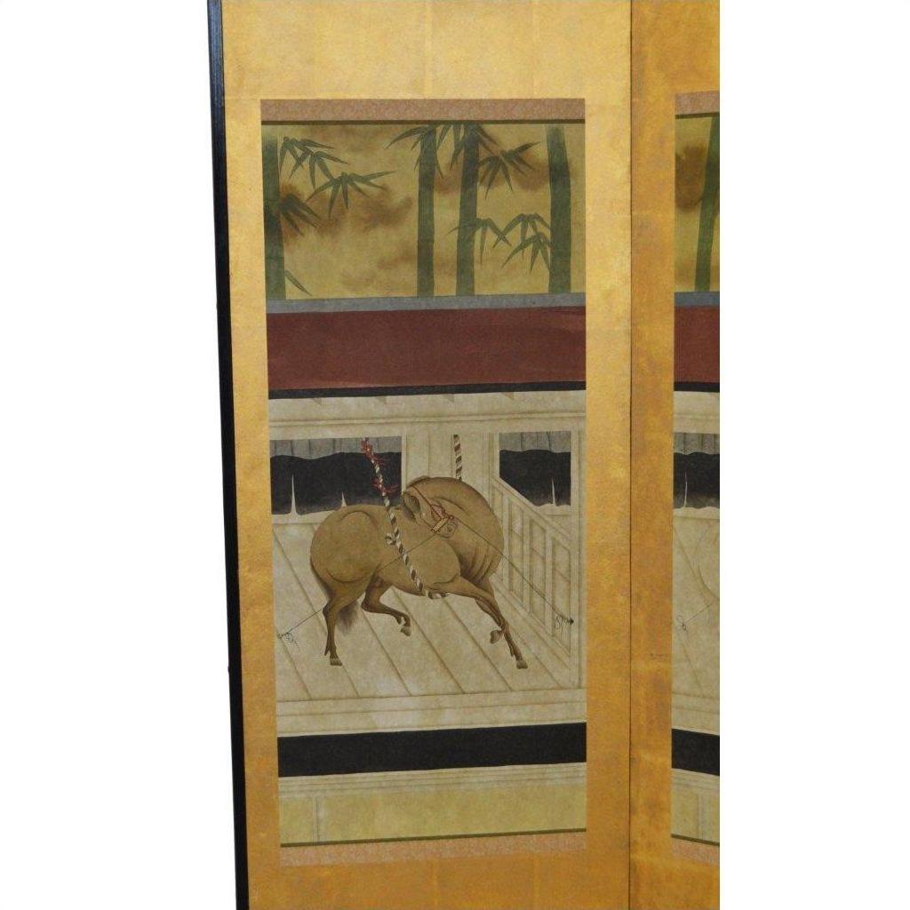 Gold 4-panel screen with painted two horses, bamboo, and trees in the background.