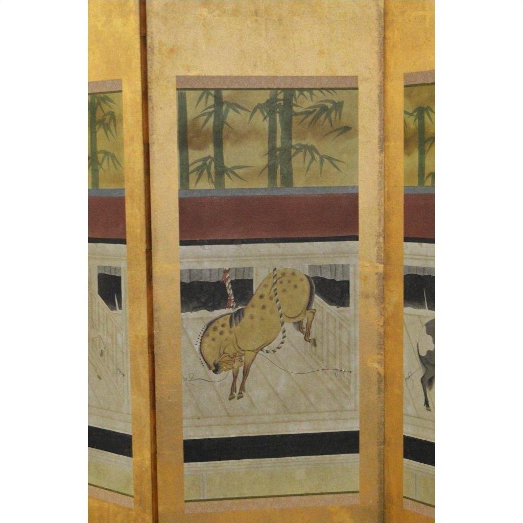 Gold 4-panel screen with painted bamboo and horses, traditional Asian decorative room divider, front view.
