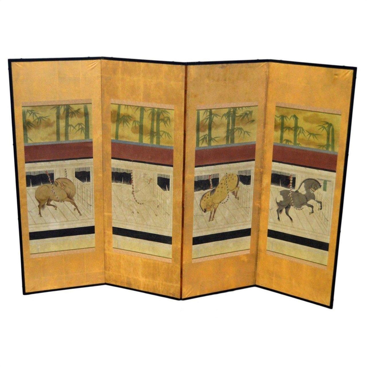 Gold 4-panel screen with painted bamboo and horse designs, used as a decorative room divider.