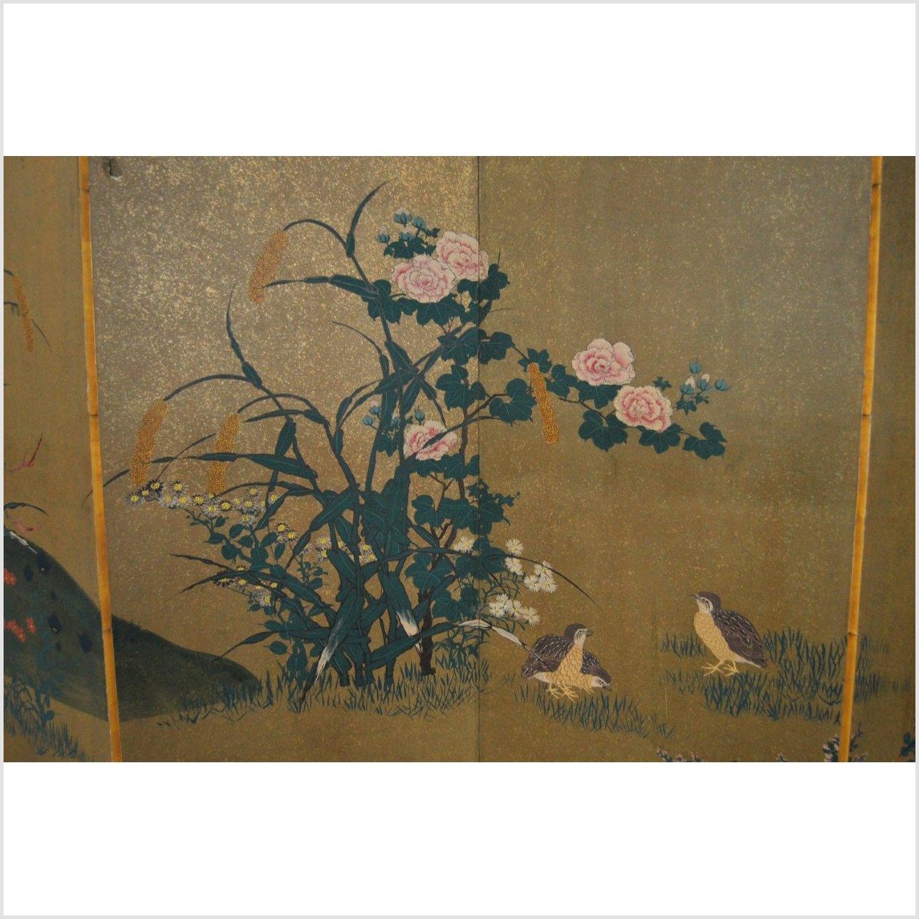 4-Panel Gold Screen with Chinoiseries of Flowers and Plants-7. Asian &amp; Chinese Furniture, Art, Antiques, Vintage Home Décor for sale at FEA Home