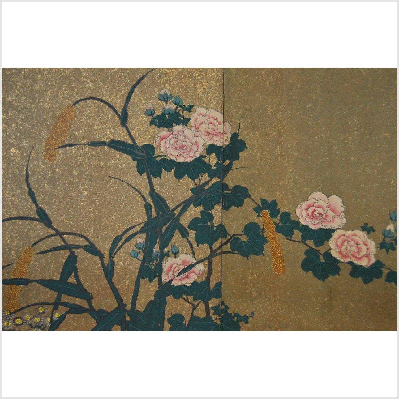 4-Panel Gold Screen with Chinoiseries of Flowers and Plants-8. Asian &amp; Chinese Furniture, Art, Antiques, Vintage Home Décor for sale at FEA Home