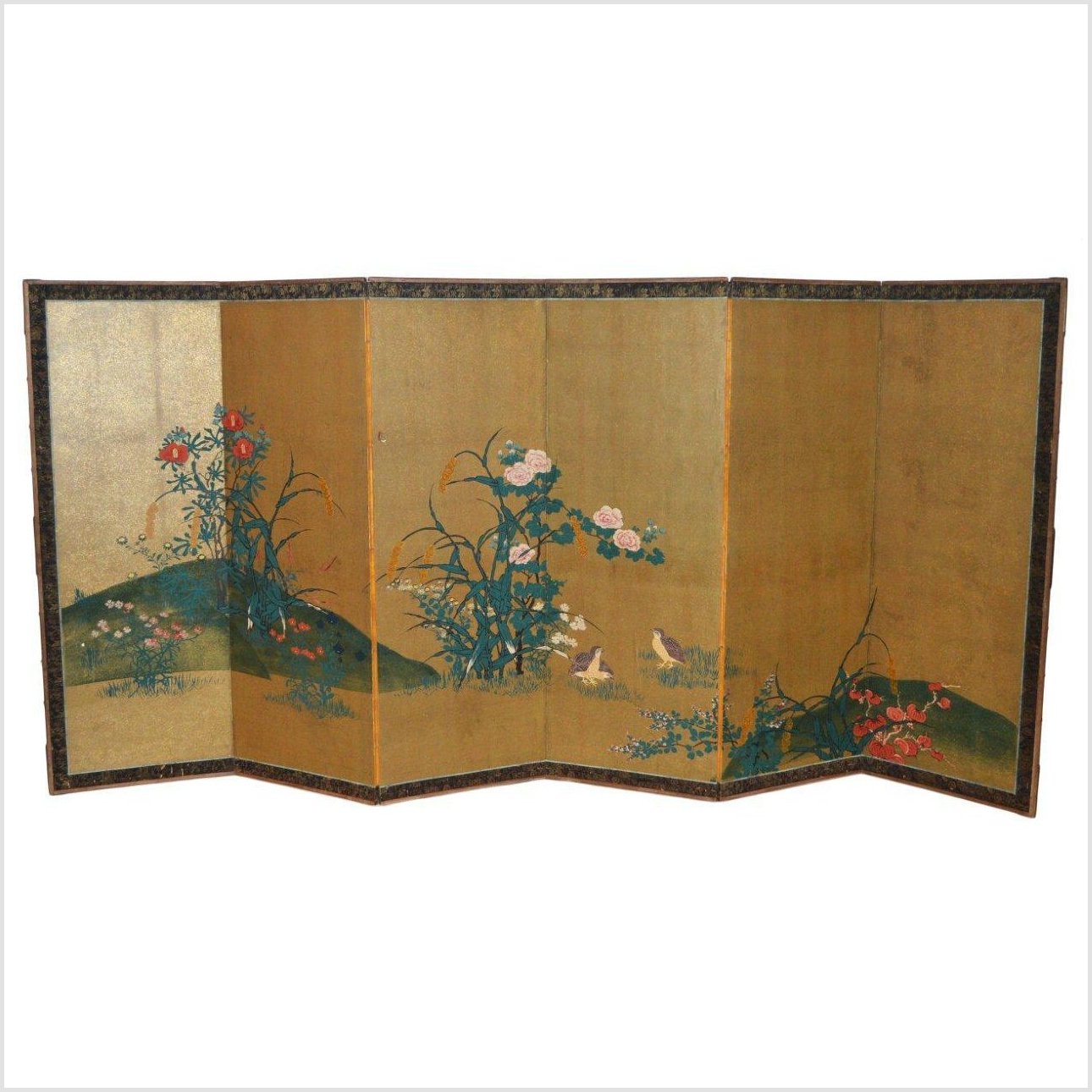 4-Panel Gold Screen with Chinoiseries of Flowers and Plants- Asian Antiques, Vintage Home Decor & Chinese Furniture - FEA Home