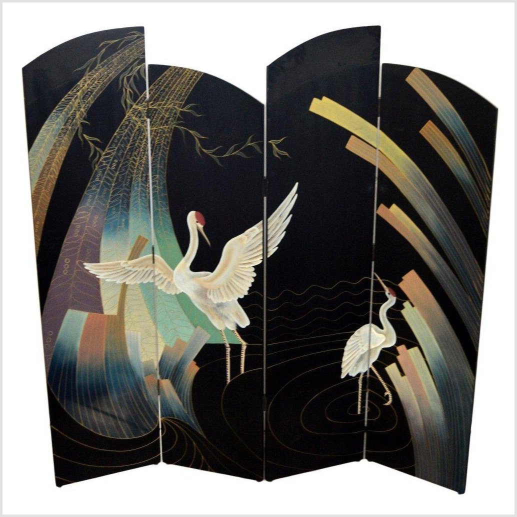 4- Panel Multi-level Black Screen with Heron Design-1. Asian & Chinese Furniture, Art, Antiques, Vintage Home Décor for sale at FEA Home