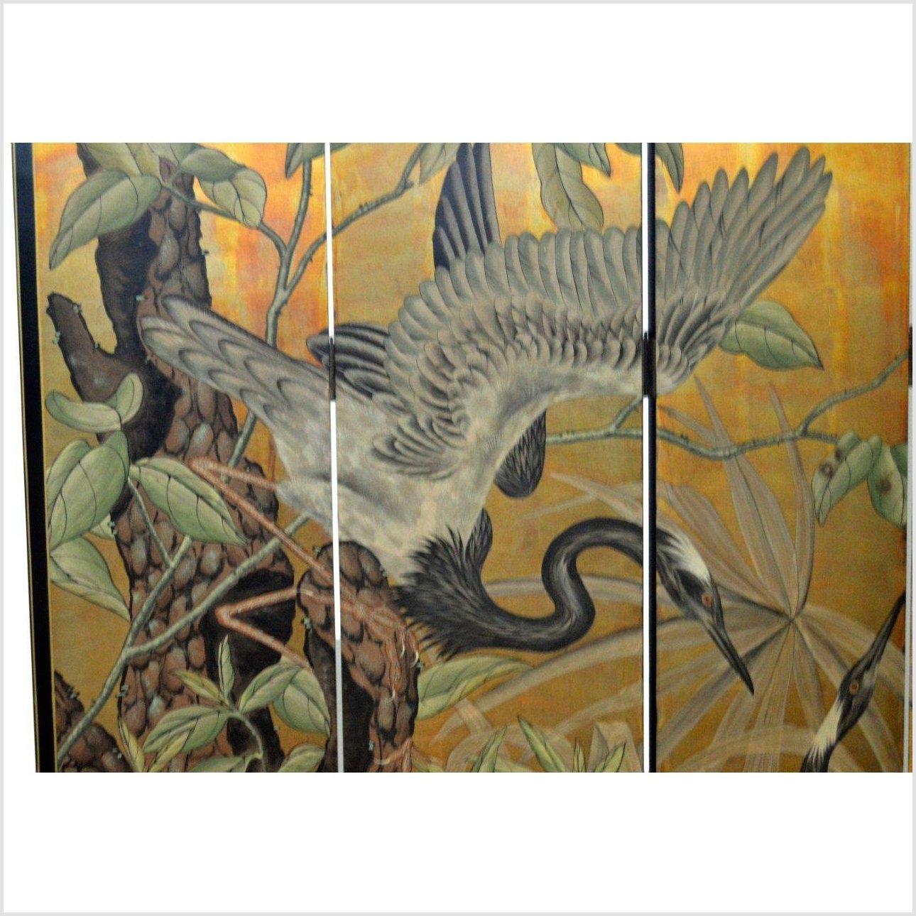 4-Panel Screen with Herons and Gold, Black and Green Tones-2. Asian & Chinese Furniture, Art, Antiques, Vintage Home Décor for sale at FEA Home