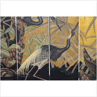 4-Panel Screen with Herons and Gold, Black and Green Tones