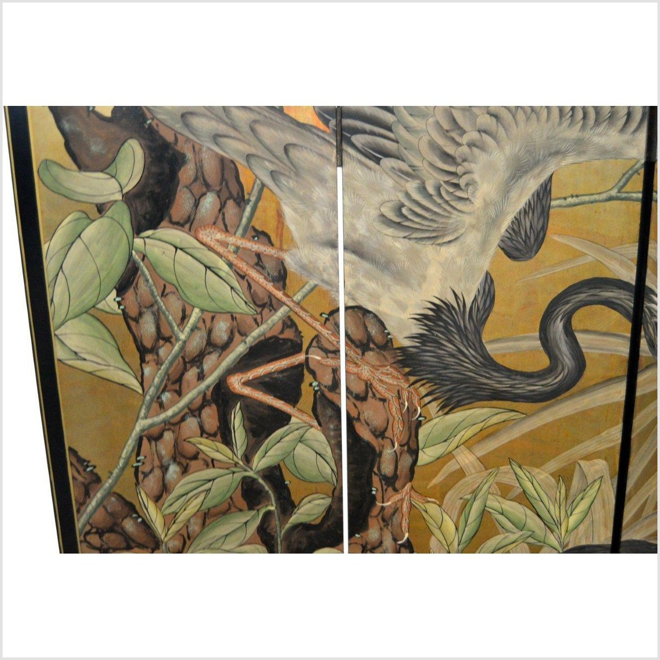4-Panel Screen with Herons and Gold, Black and Green Tones-5. Asian &amp; Chinese Furniture, Art, Antiques, Vintage Home Décor for sale at FEA Home