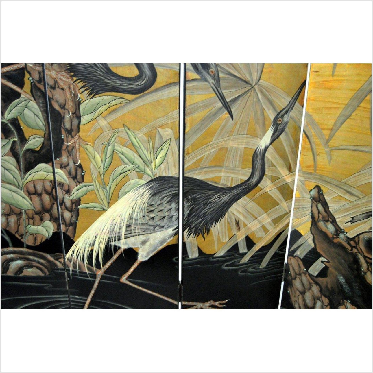 4-Panel Screen with Herons and Gold, Black and Green Tones-6. Asian &amp; Chinese Furniture, Art, Antiques, Vintage Home Décor for sale at FEA Home