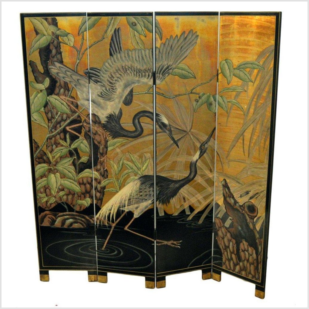4-Panel Screen with Herons and Gold, Black and Green Tones-1. Asian & Chinese Furniture, Art, Antiques, Vintage Home Décor for sale at FEA Home