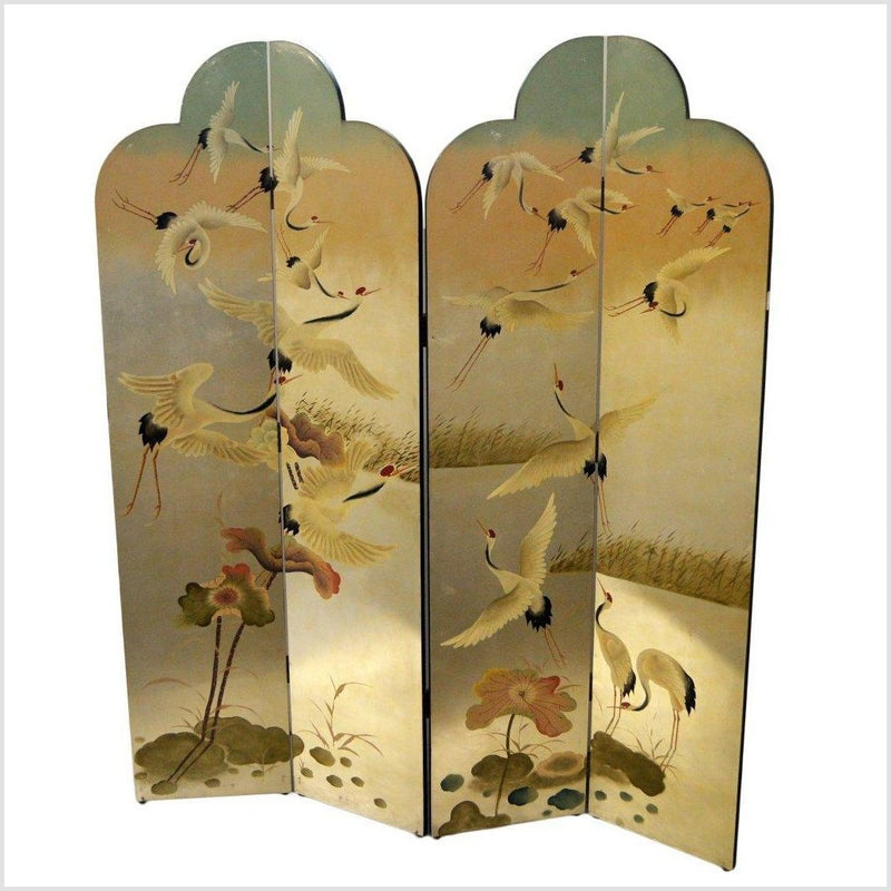 4-Panel Vintage Hand-Painted Chinese Screen Depicting Cranes Taking off-YN2814-1. Asian & Chinese Furniture, Art, Antiques, Vintage Home Décor for sale at FEA Home