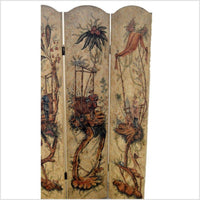 4-Panel Scalloped Style Floral Painted Screen