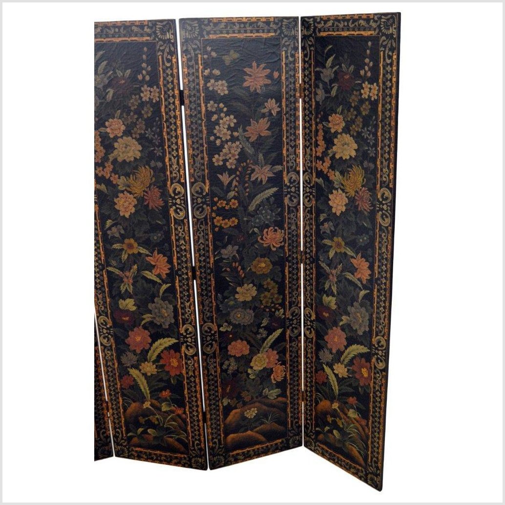 4-Panel Black Lacquered Screen with Multi-Colored Floral Accents-2. Asian & Chinese Furniture, Art, Antiques, Vintage Home Décor for sale at FEA Home