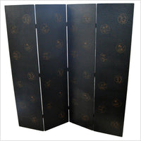 4-Panel Black Lacquered Screen with Multi-Colored Floral Accents