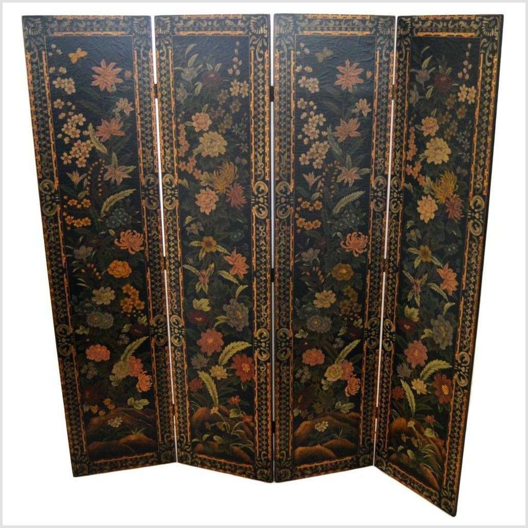 4-Panel Black Lacquered Screen with Multi-Colored Floral Accents-1. Asian & Chinese Furniture, Art, Antiques, Vintage Home Décor for sale at FEA Home