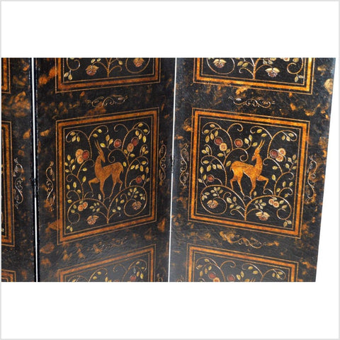 4-Panel Gilt Lacquered Screen with Deer and Floral Design