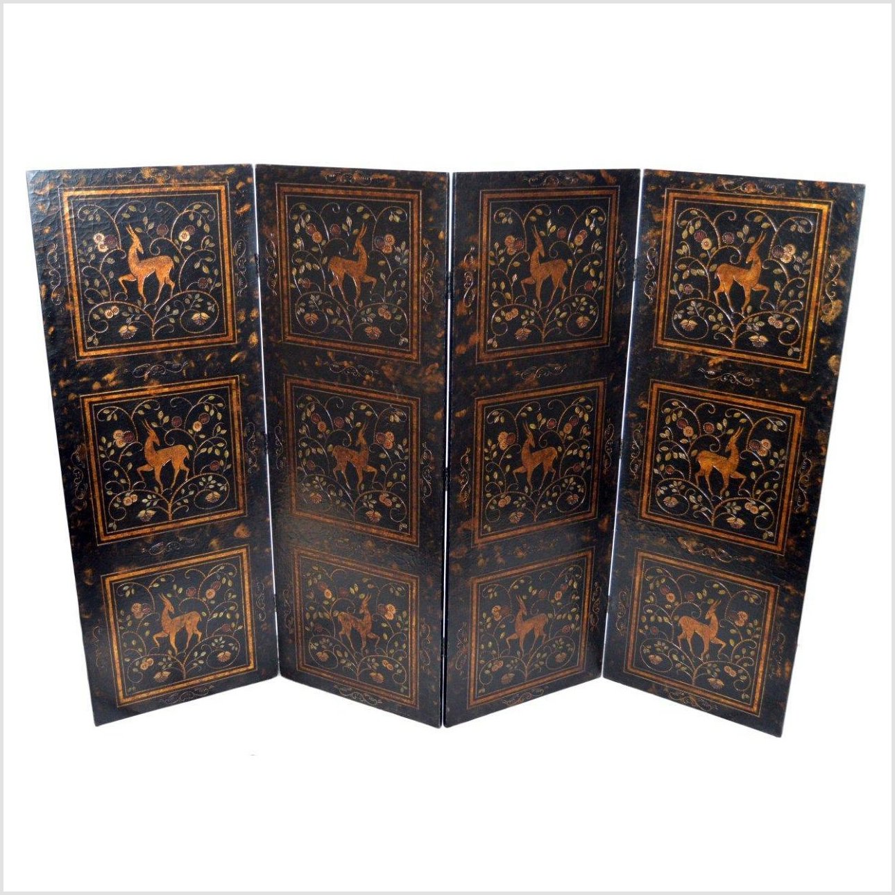 4-Panel Gilt Lacquered Screen with Deer and Floral Design-1. Asian & Chinese Furniture, Art, Antiques, Vintage Home Décor for sale at FEA Home