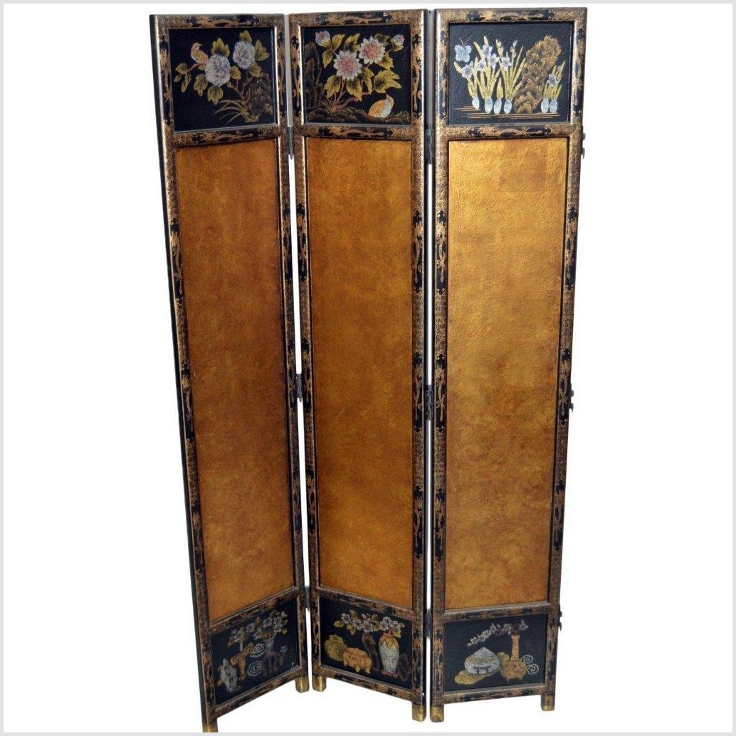 3-Panel Black Lacquered Screen with Gilt Painted Bamboo and Chinese Calligraphic Inscriptions-1. Asian & Chinese Furniture, Art, Antiques, Vintage Home Décor for sale at FEA Home